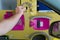 Man paying toll at an automatic toll booth station on a French highway close up view