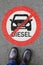 Man people diesel driving ban road sign street car portrait format no not allowed zone