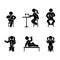 Man people various sitting, eating and drinking position. Posture stick figure.