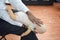 Man performing CPR on baby training doll dummy with one hand compression. First Aid Training - Cardiopulmonary resuscitation.