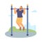 Man performs pull-ups on horizontal bar, flat vector illustration isolated.
