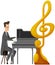 Man performs song on piano near gold treble clef. Artist making live music with musical instrument