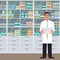 Man pharmacist with box in his hands in a pharmacy opposite the shelves with medicines. Vector illustration in flat style.
