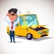 man on phone to calling accident with car crash in behind. character design. character design - vector illustration