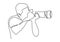 Man photographer with a camera takes pictures outdoors. Continuous line drawing of a black outline of a journalist or photographer