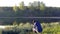 A man photographs the morning fog. Warm summer landscape.