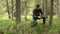 Man is picking up edible mushrooms in forest, cutting it and putting it in pail.