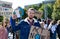 Man with placards and amplifier on global strike for climate change.