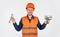 Man plasterer with tools wear protective hard hat, finishing walls concept