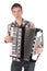 Man playing an accordion isolated over white