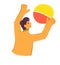 Man playing beach ball, raising colorful ball above head, cheerful. Young male having fun