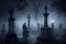 man, playing chess with ghostly figure in dark and misty graveyard