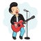 Man playing guitar, cartoon character, hand drawing, musical sticker. Boy in leather jacket holds holding a guitar and sings into