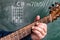 Man playing guitar chords displayed on a blackboard, Chord C minor 7b5