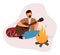 Man playing guitar near bonfire flat vector illustration. Bearded camper, guitarist sitting near campfire isolated cartoon