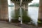 Man playing with his dog by lake under belt road no. 3 over Linh Dam lake in Hanoi, Vietnam