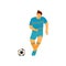 Man Playing Soccer, Male Soccer Footballer Character in Blue Sports Uniform Vector Illustration