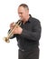 Man playing trumpet on white isolated background