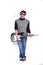 Man plays electric guitar on white background