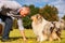 Man plays frisbee with a dog