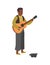 Man plays guitar on street. Busker performance, boy stands with hat and play melody, earn money, entertainment concept