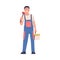 Man Plumber in Blue Overalls Standing with Plunger and Toolbox Vector Illustration