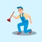 Man Plumber Cartoon Character Holding Plunger Tool