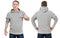 Man pointing copy space in template mens hoodie sweatshirt isolated on white background. Man in blank sweatshirt hoody with mockup