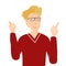 Man with pointing gesture showing like. Happy young man showing good sign. Thumbs up. Concept illustration in vector