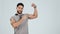 Man, pointing and presentation with gym advertising and fitness, flexing bicep and news on white background. Portrait