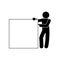 Man points with his hand to a banner, stick man silhouette shows a finger on a large white sheet, blank