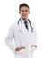 Man, portrait or doctor in studio for healthcare services, medical consulting or expert physician on white background