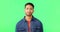 Man, portrait and green screen or unhappy and shaking head for bad rating, review or feedback. Face of asian male on