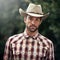Man, portrait and outdoor cowboy outfit, western culture and countryside ranch in Texas. Male person, hat and flannel