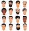 Man portrait vector male character face of boy with hairstyle and cartoon manlike person with various skin tone and