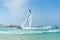 Man posing at new flyboard at Caribbean tropical beach. Positive human emotions, feelings, joy. Funny cute men making vacations an