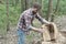 man prepare tree stump for cutting, forest nature