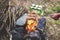 Man preparing dinner on campfire, adventure lifestyle camping vacation