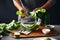 Man preparing green salad romaine lettuce healthy food