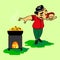 Man preparing Uzbek national dish pilaf and dancing. Vector cartoon doodle illustration of an Asian ethnic style