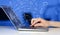 Man pressing notebook laptop computer with doodle icon cloud symbols