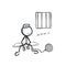 Man in a prison cell. Arrested criminal convict. Sitting in jail. Hand drawn. Stickman cartoon. Doodle sketch, Vector graphic