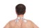 Man with problems in the neck and in the massage makes electrostimulator.