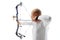 Man, professional archer training, aiming archery bow into target isolated over white studio background. Archery sport