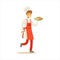 Man Professional Cooking Chef Working In Restaurant Wearing Classic Traditional Uniform Delivering Ready Plate Cartoon