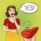 Man proposing marriage diamond ring to shocked woman, she said yes pop art comic style vector illustration eps10