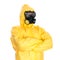 Man in protective hazmat suit.