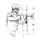 Man in protective mask and helmet remove tiles on the wall with hammer drill rotary hammer, hand drawn doodle, sketch