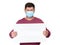 Man in protective respiratory mask holds a blank white banner, isolated on white background. Attention, stop virus concept