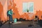 A man in a protective suit removes mold in a home interior